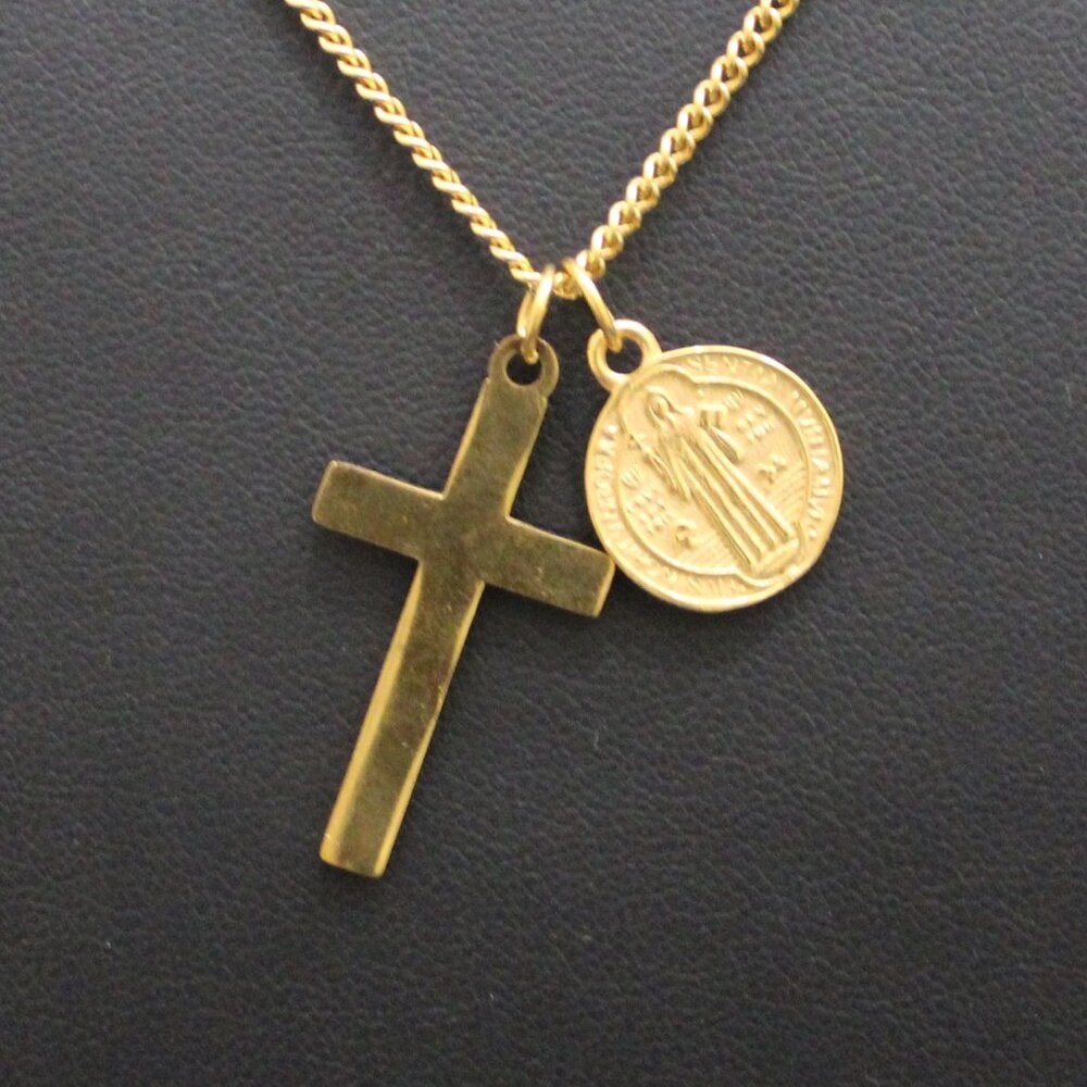 Gold Cross & Saint Benedict Medal Pendant Set